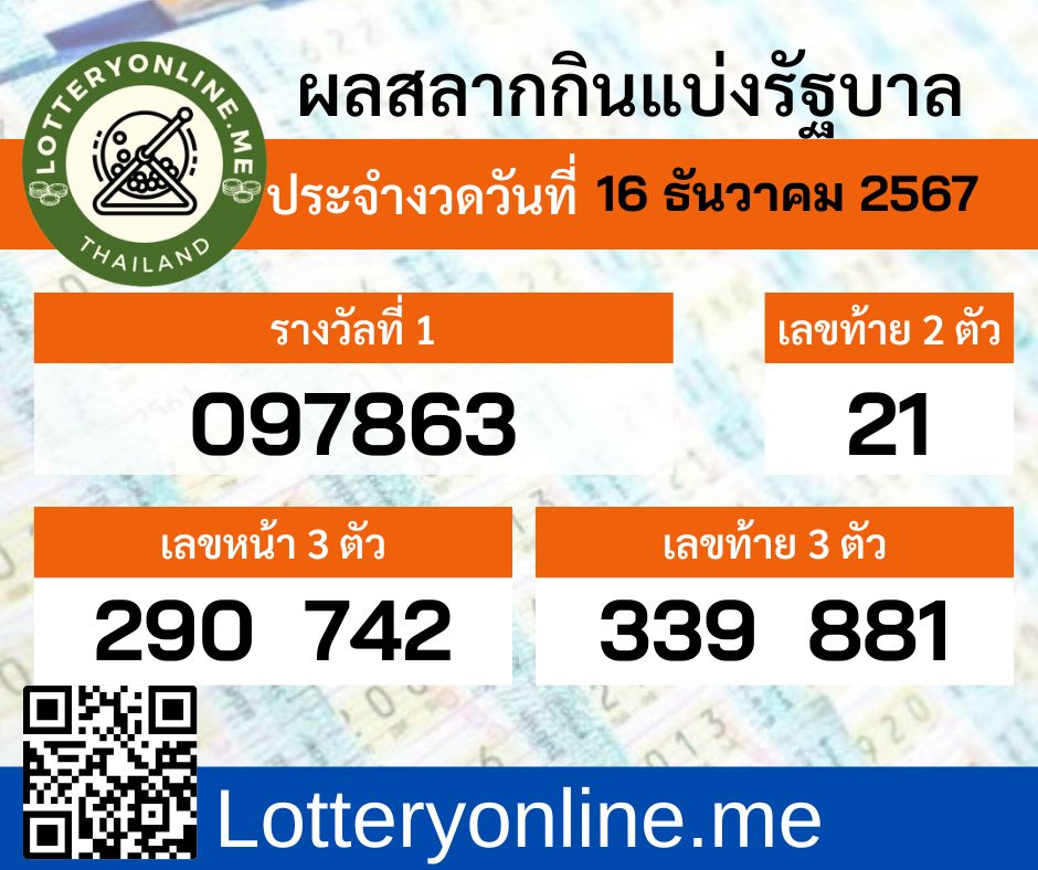 ซื้อหวยกับแสนรวยมังกรฟ้า ผลสลากกินแบ่งรัฐบาลงวดวันที่ 16 ธันวาคม พ.ศ.2567